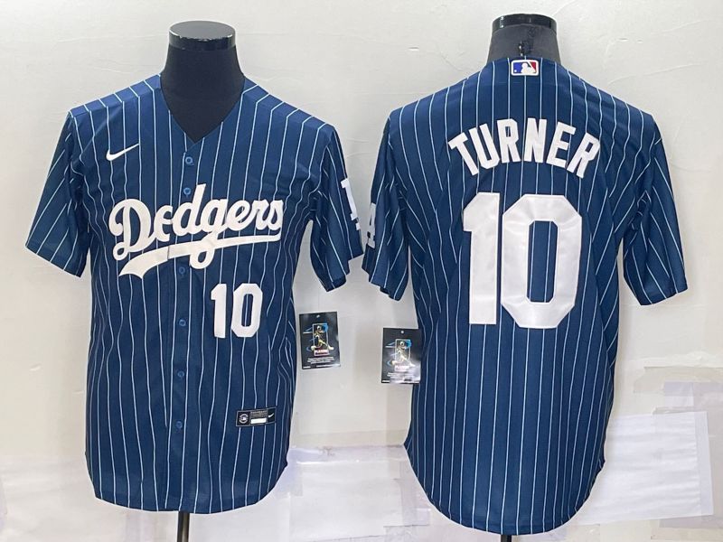 Men Los Angeles Dodgers #10 Turner Blue Stripe Throwback Nike 2022 MLB Jersey1